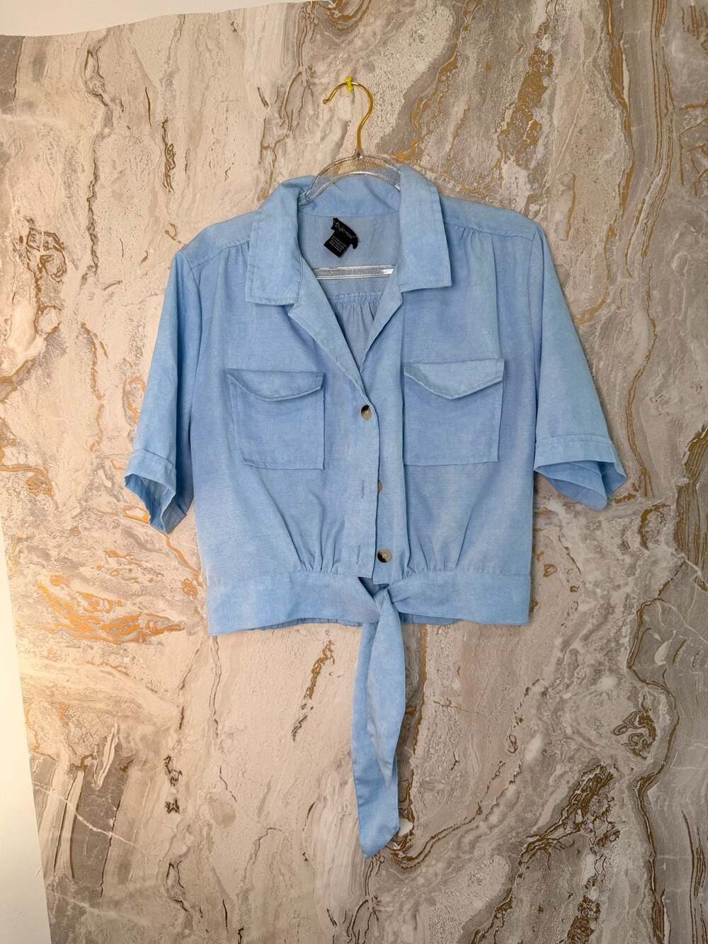 Style House Button-Down Crop Top with Tie Front Detail